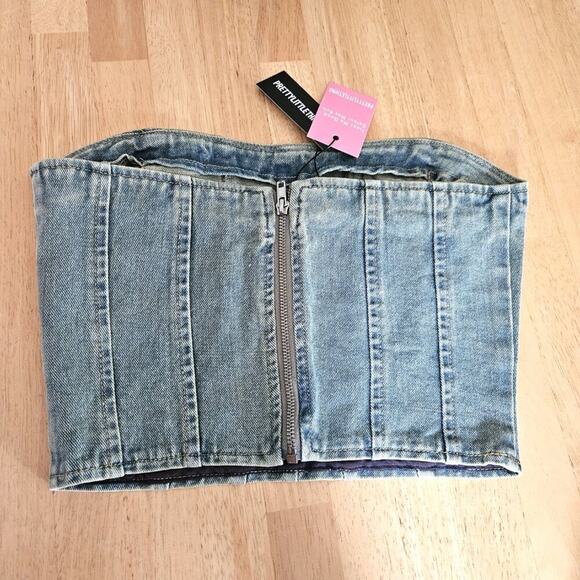 PrettyLittleThing Petite VTG Bleach Wash Bandeau Denim Corset Top- sz US 0 NWT - Picture 4 of 7